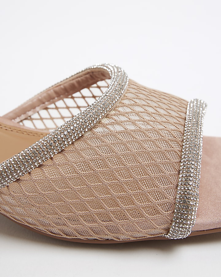 Pink Diamante Mesh Kitten Heeled Mule Sandals