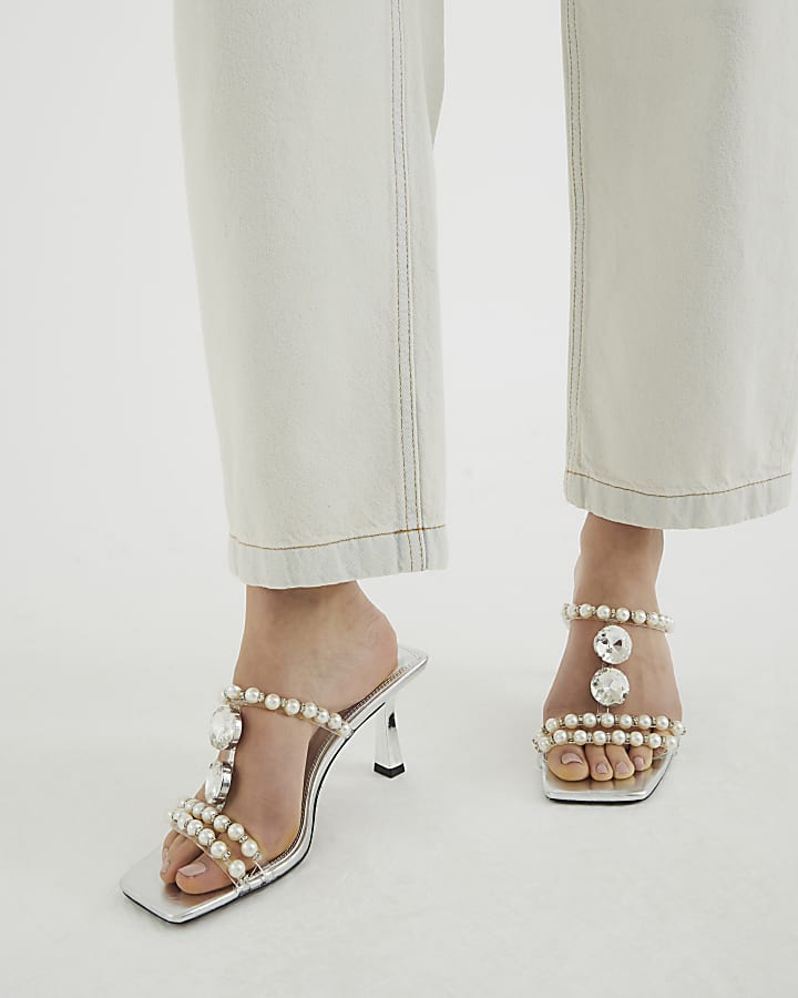 Silver Pearl Diamante Heeled Sandals