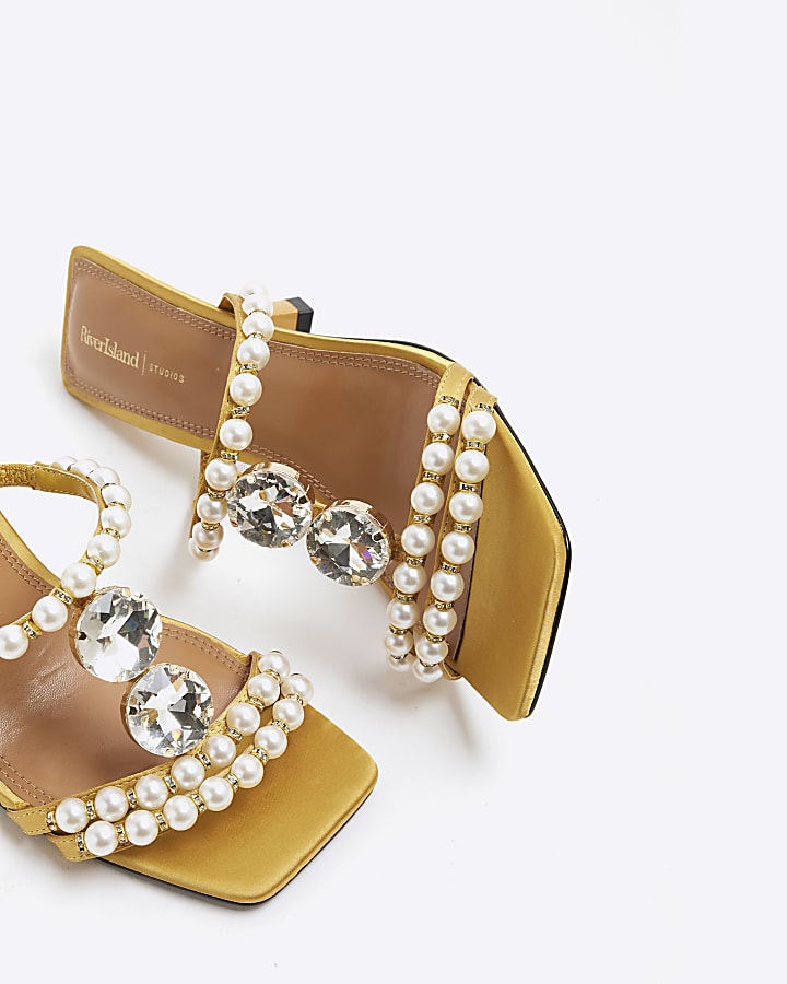 Yellow Pearl Diamante Heeled Sandals