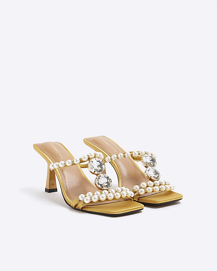 Yellow Pearl Diamante Heeled Sandals