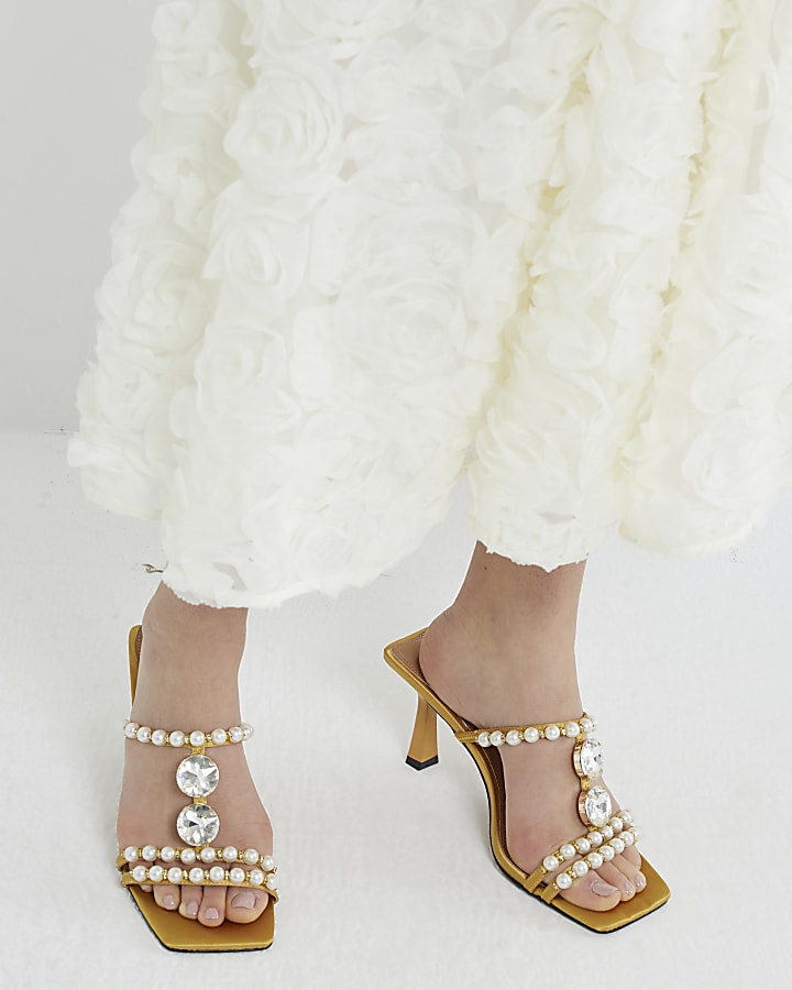 Yellow Pearl Diamante Heeled Sandals