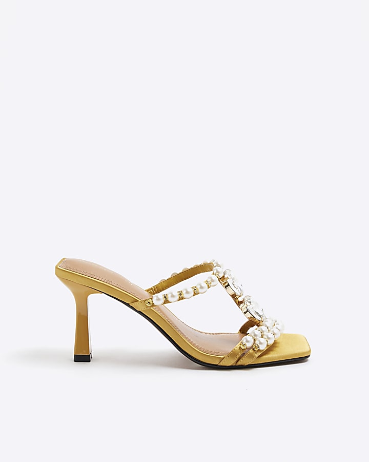 Yellow Pearl Diamante Heeled Sandals