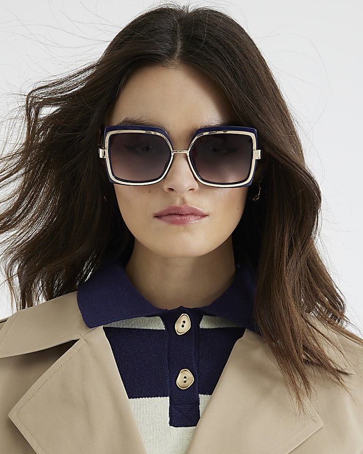 Navy Oversized Metal Square Sunglasses