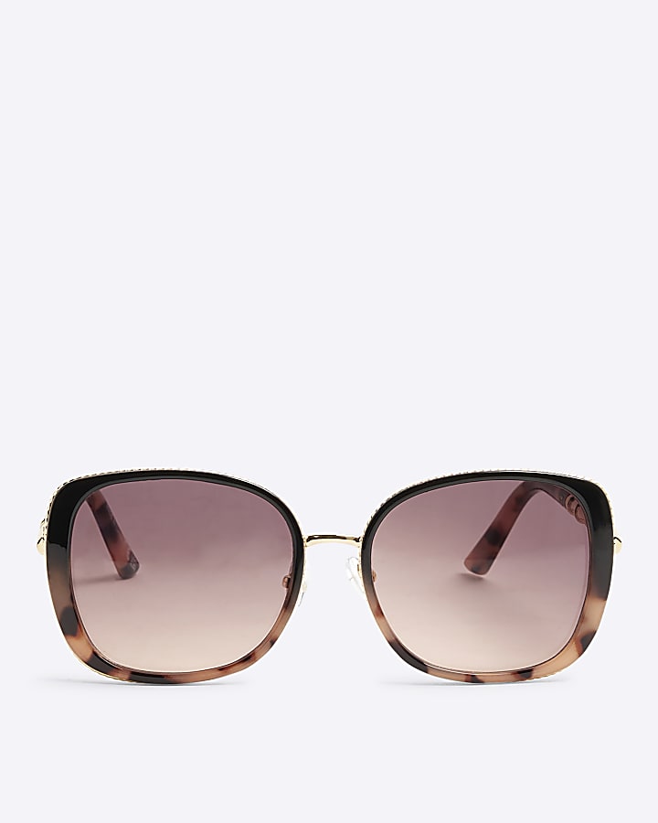 Black Metal Round Gold Trim Sunglasses