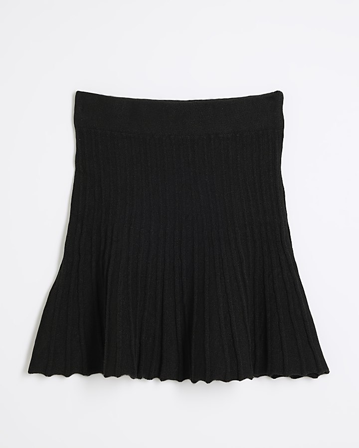 Black Pleated Flared Knit Mini Skirt