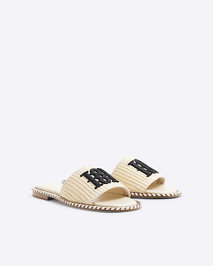 Beige Raffia Flat Sandals