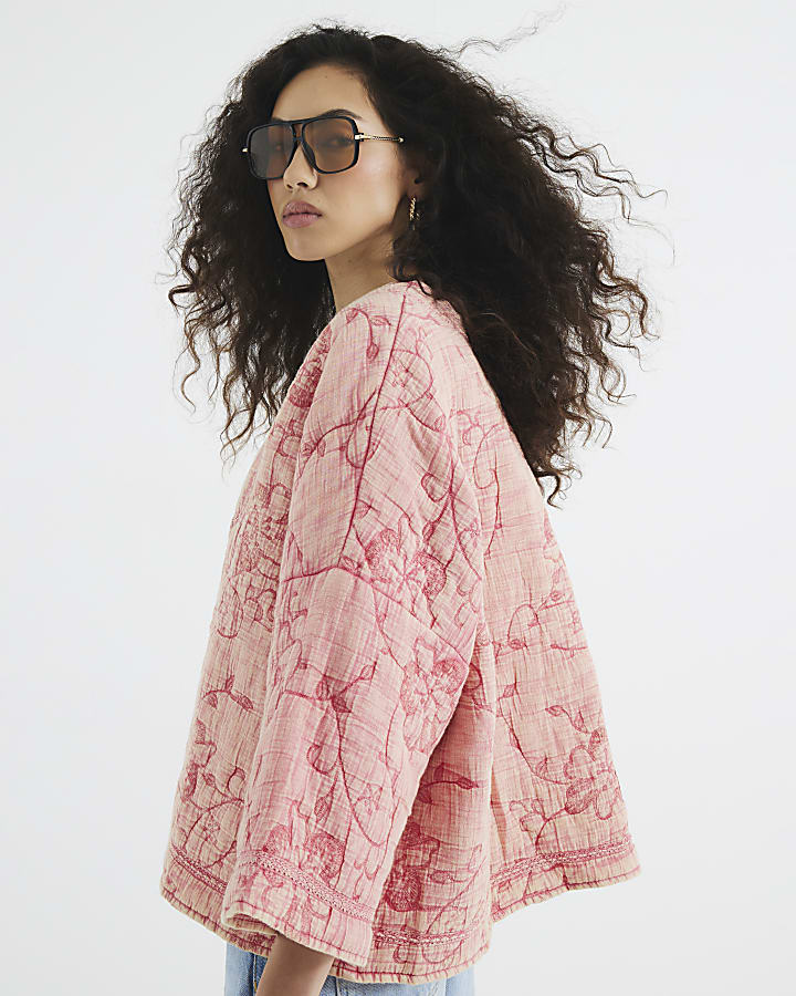 Pink Quilted Floral Oversized Jacket