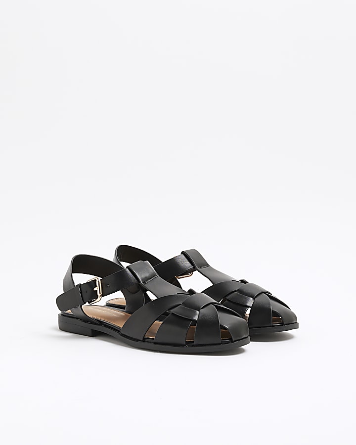 Black Wide Fit Faux Leather Fisherman Sandals