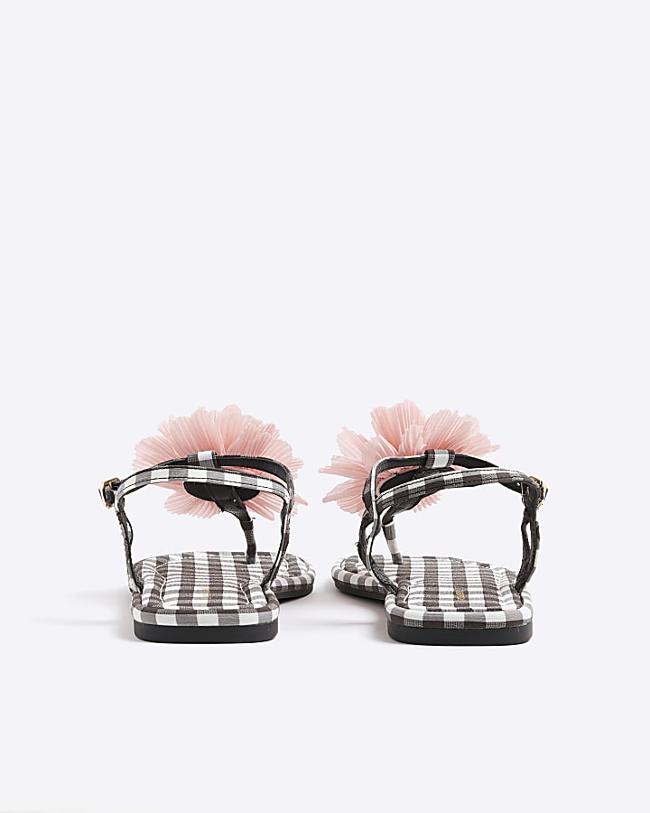 Black Gingham Flower Toe Thong Flat Sandals