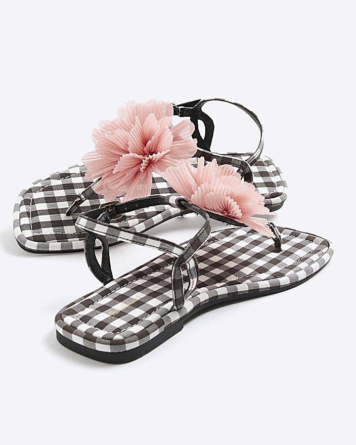 Black Gingham Flower Toe Thong Flat Sandals
