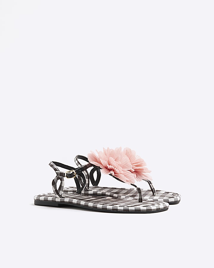 Black Flower Toe Thong Flat Sandals