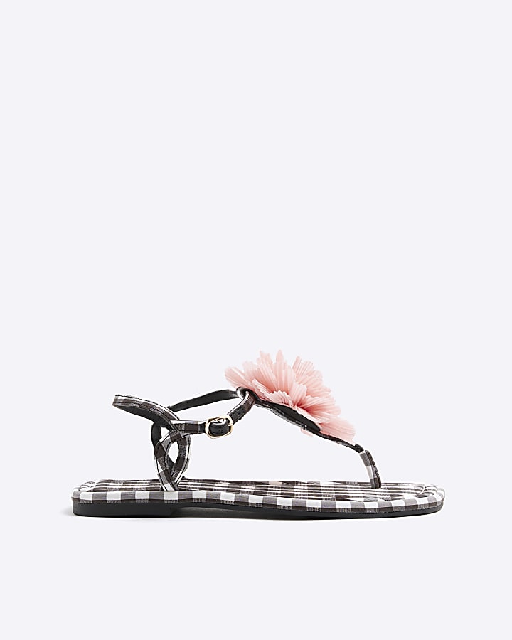 Black Gingham Flower Toe Thong Flat Sandals