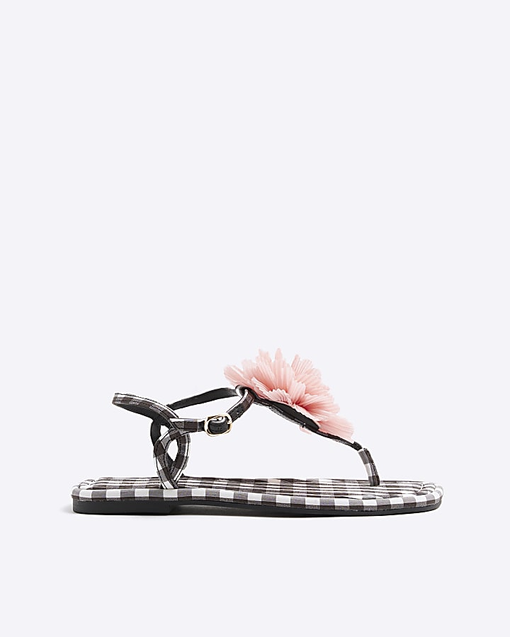 Black Flower Toe Thong Flat Sandals