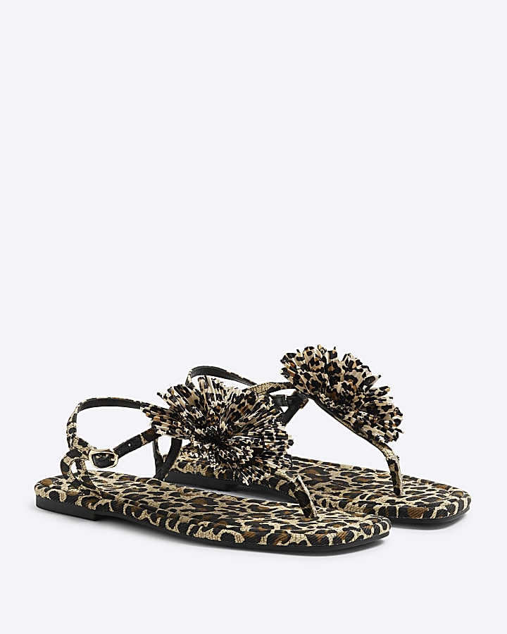 Brown Leopard Flower Toe Thong Flat Sandals