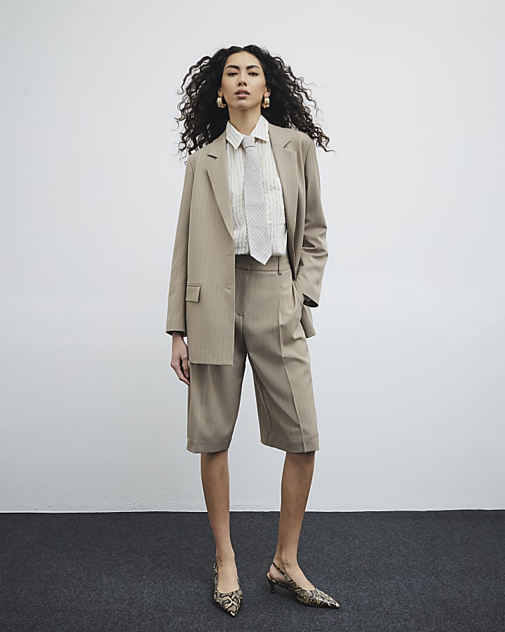 Beige Pinstripe Bermuda Shorts