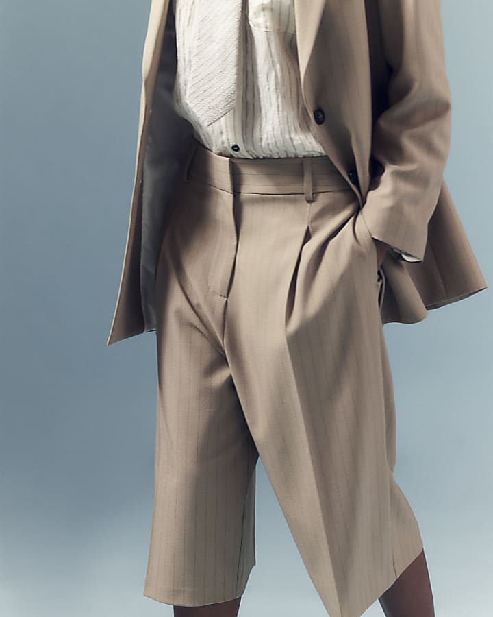 Beige Pinstripe Bermuda Shorts