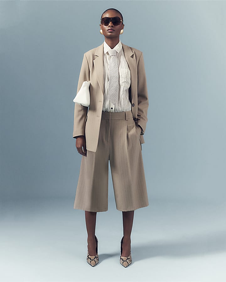 Beige Pinstripe Bermuda Shorts