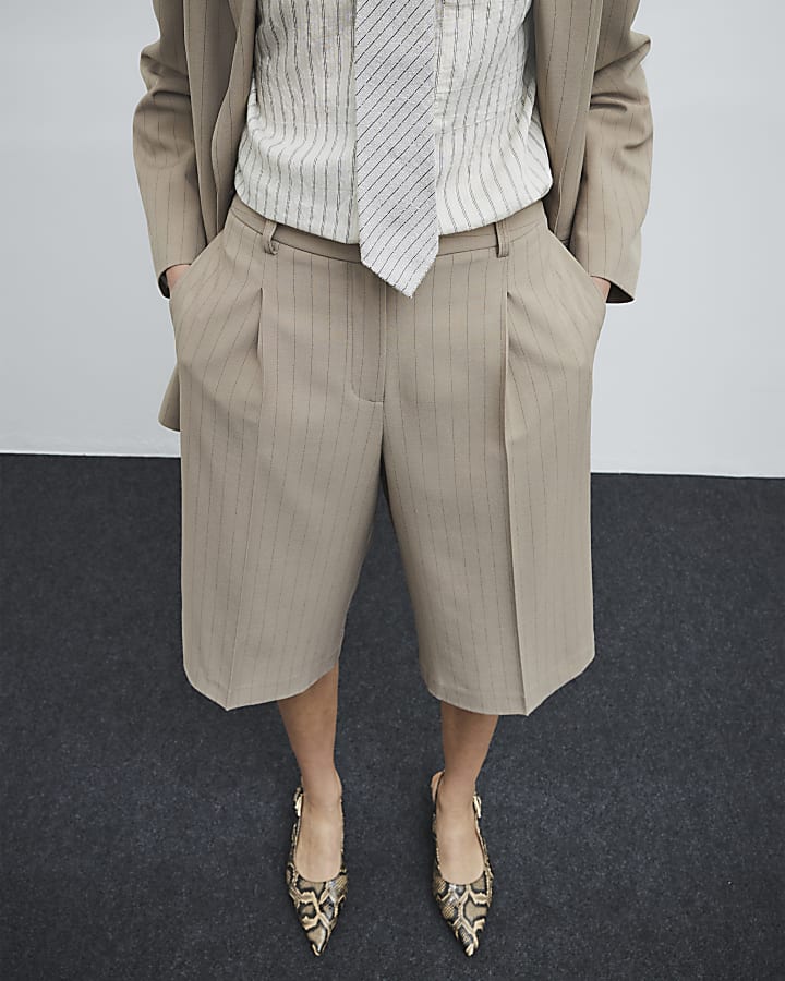 Beige Pinstripe Bermuda Shorts