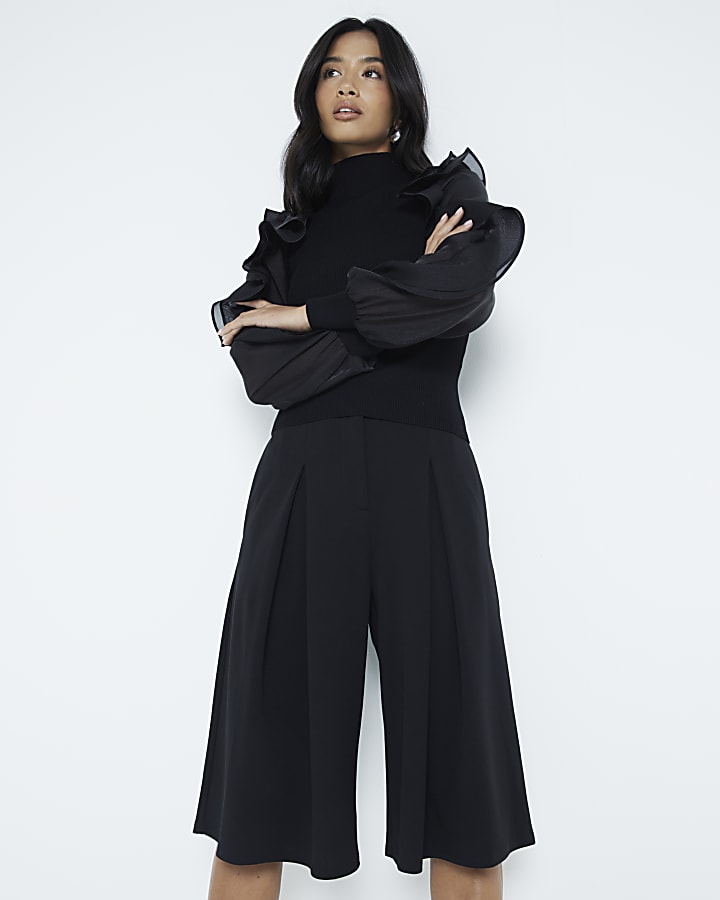 Petite Black pleated wide leg culottes