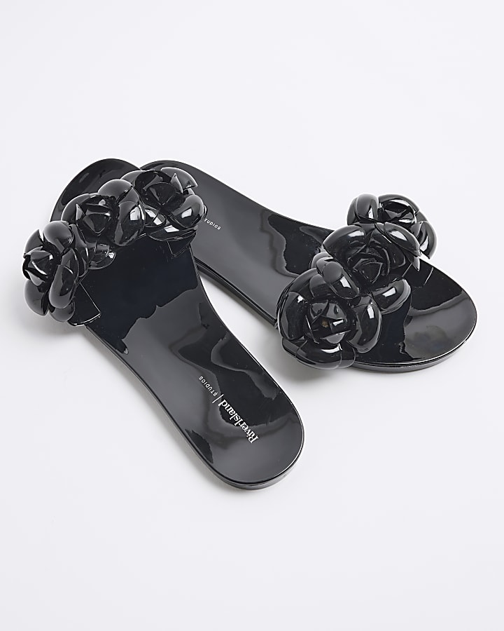 Black Floral Trim Jelly Flat Sandals