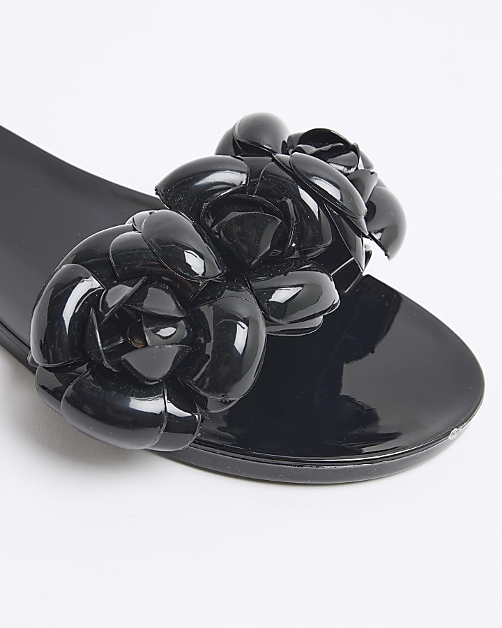 Black Floral Trim Jelly Flat Sandals