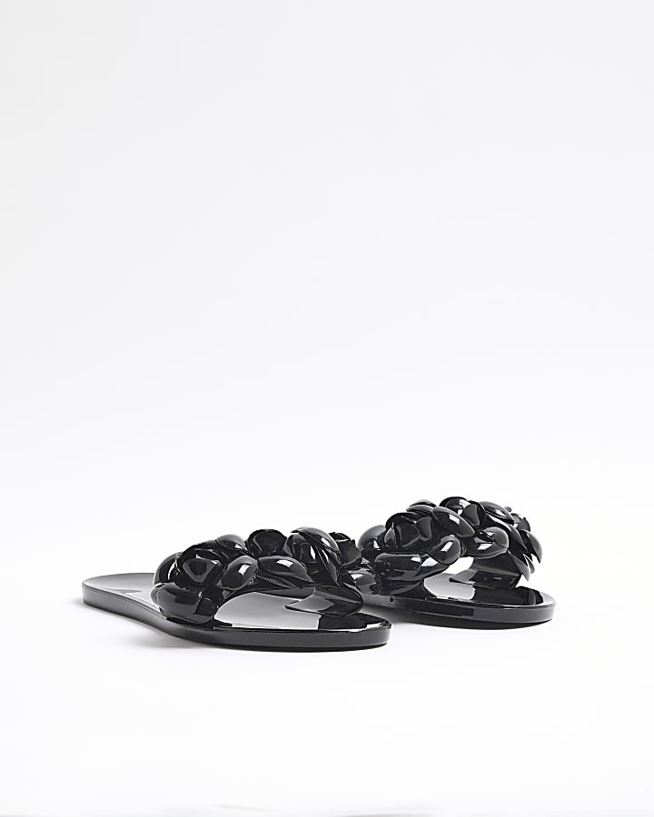 Black Floral Trim Jelly Flat Sandals