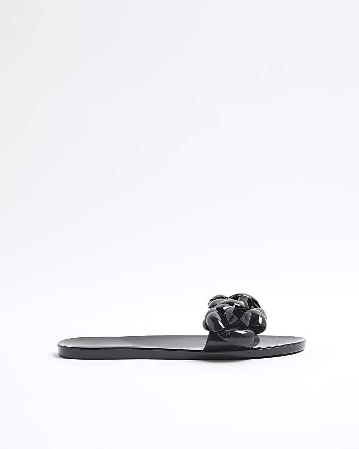 Black Floral Trim Jelly Flat Sandals