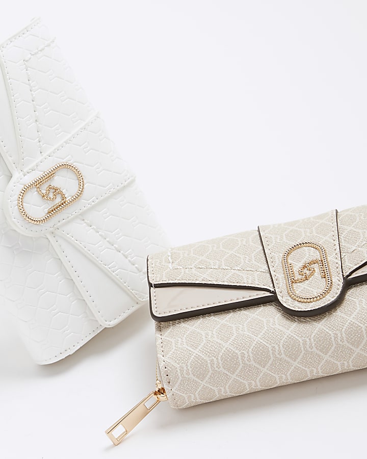 Beige RI Monogram Fold Over Zip Around Purse