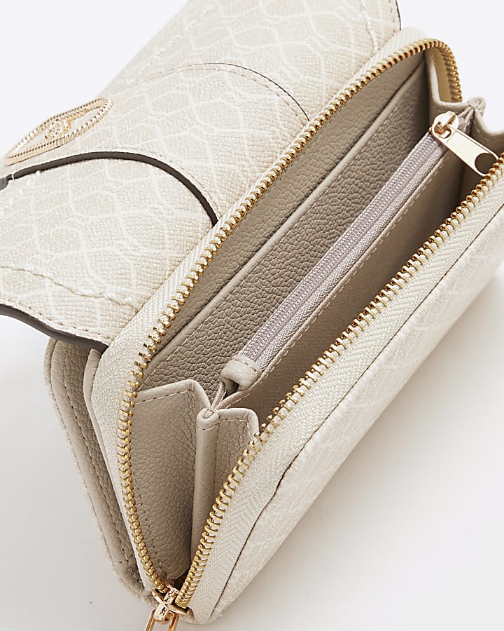 Beige RI Monogram Fold Over Zip Around Purse