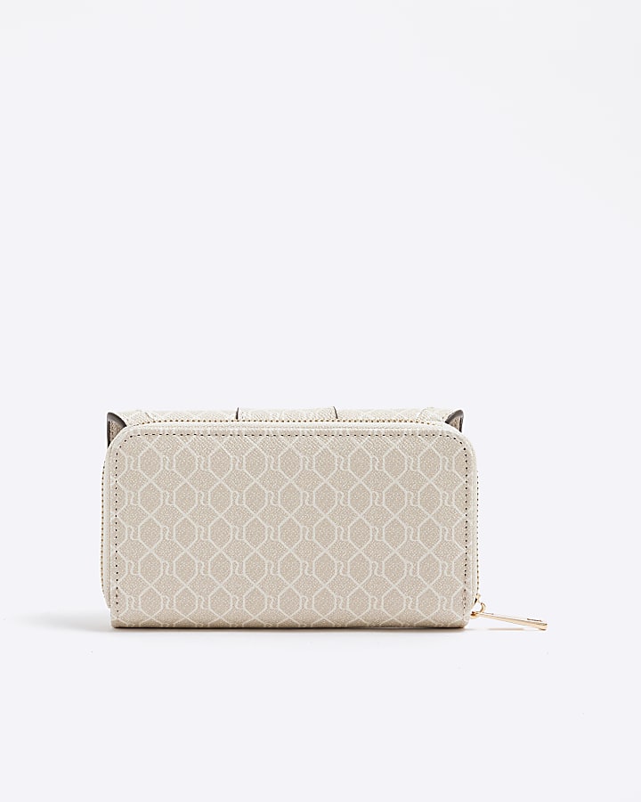 Beige RI Monogram Fold Over Zip Around Purse