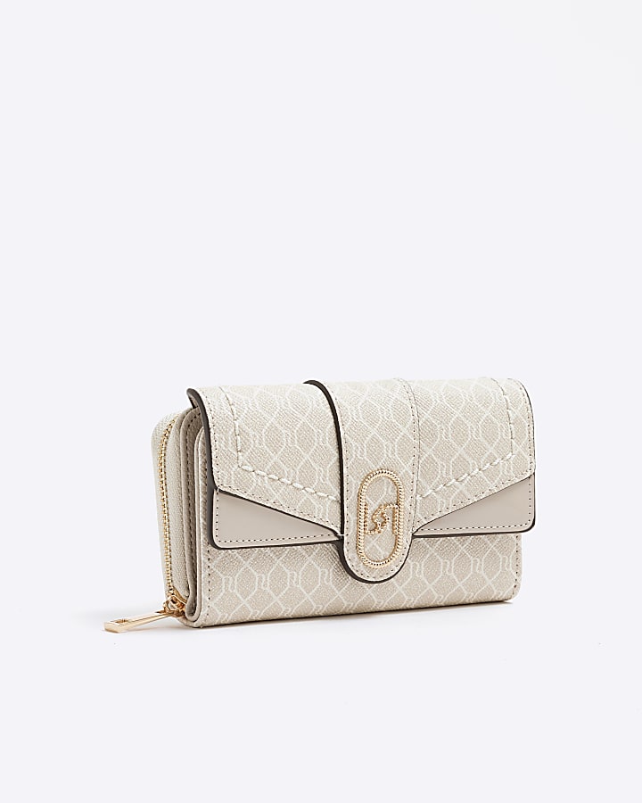 Beige RI Monogram Fold Over Zip Around Purse