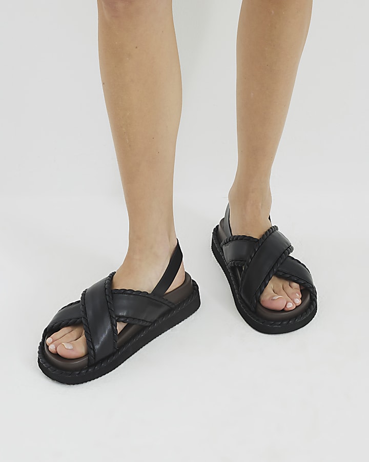 Black Cross Strap Chunky Sandals