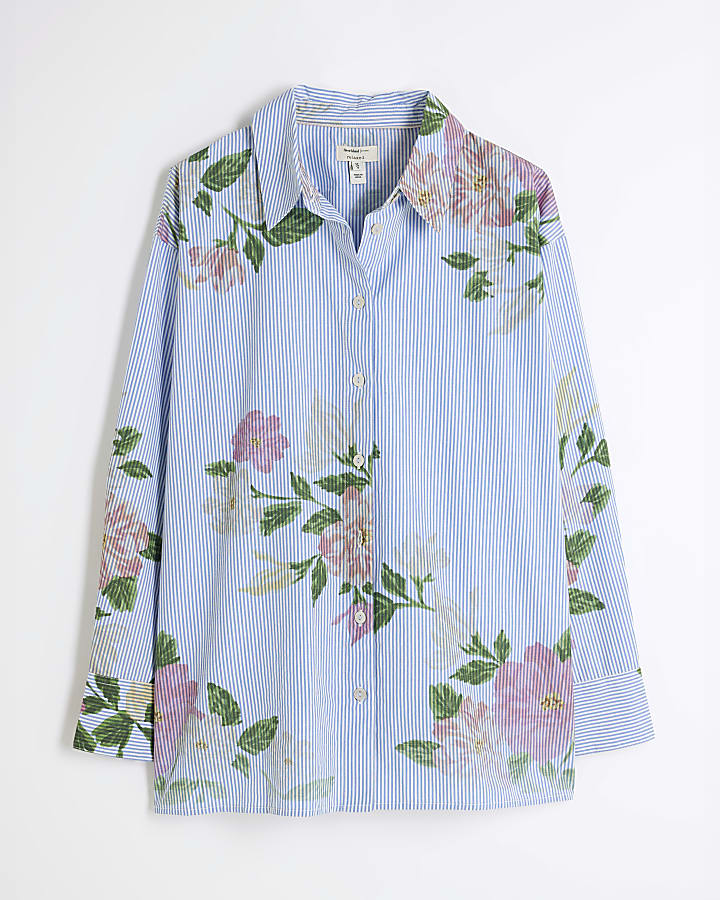 Blue Long Sleeve Floral Striped Shirt