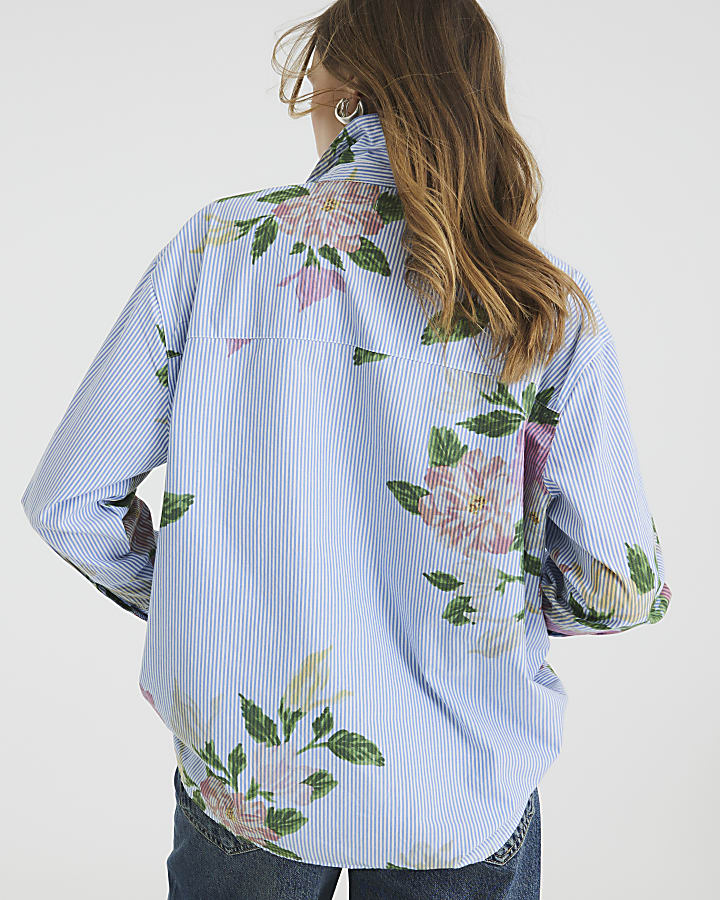 Blue Long Sleeve Floral Striped Shirt