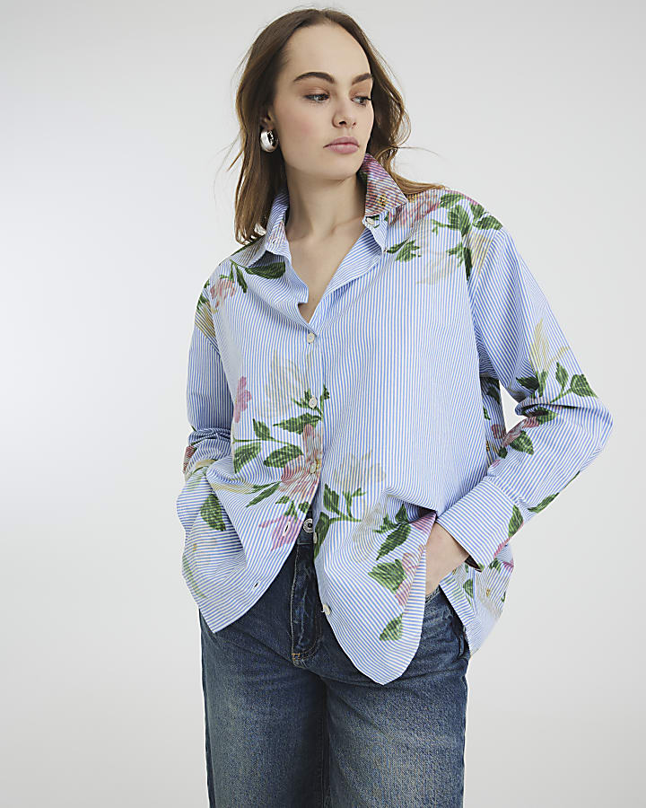 Blue Long Sleeve Floral Striped Shirt