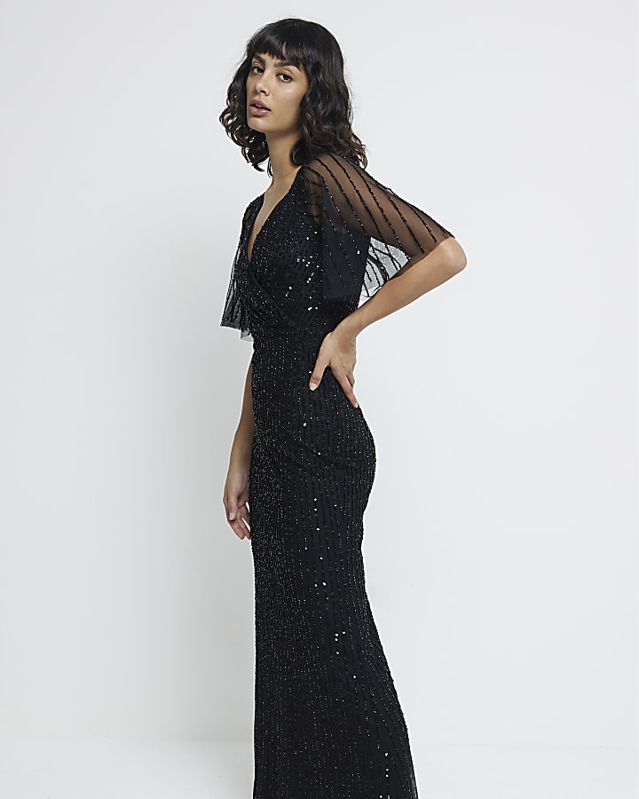 Black Embellished Short sleeve Maxi Dress