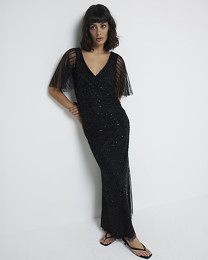 Black Embellished Short sleeve Maxi Dress