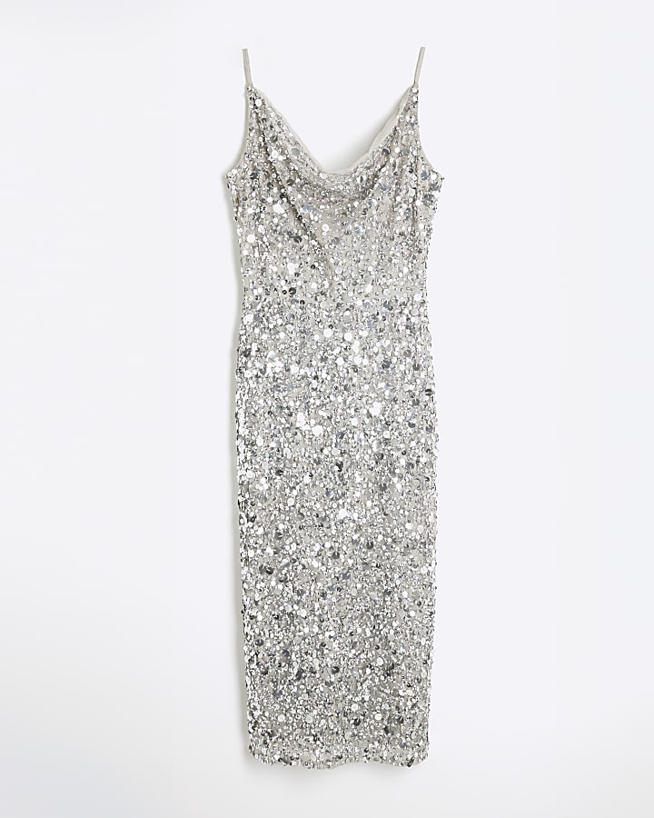 Silver Embellished Sequin Midi dress