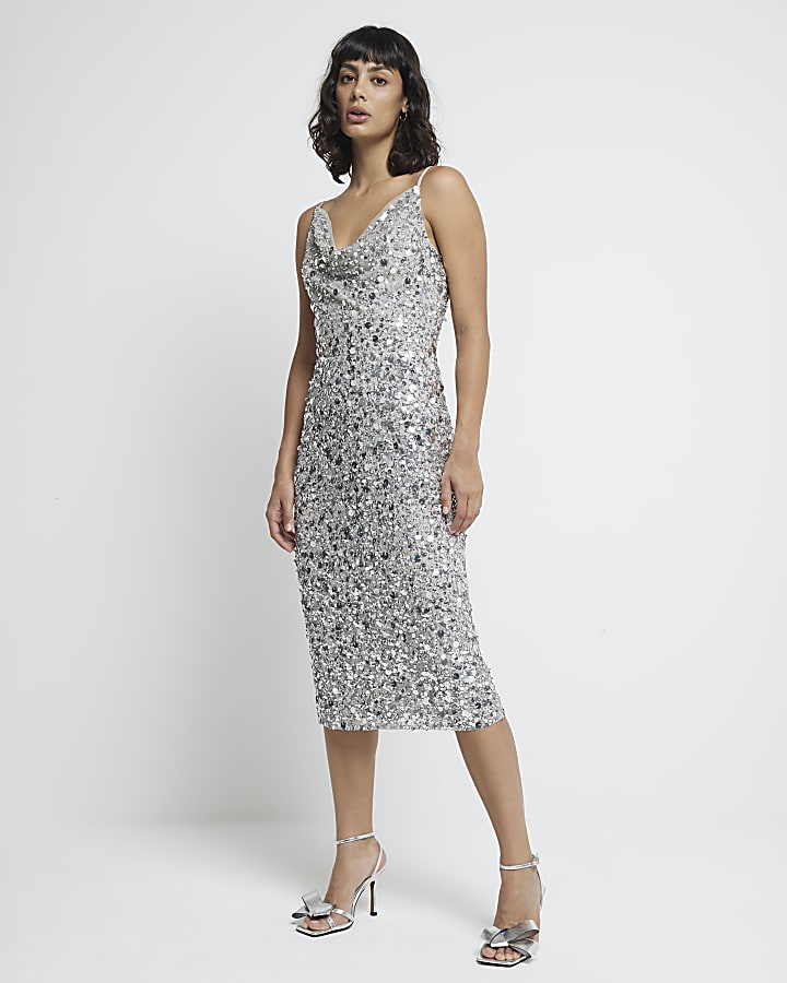 Silver Embellished Sequin Midi dress River Island