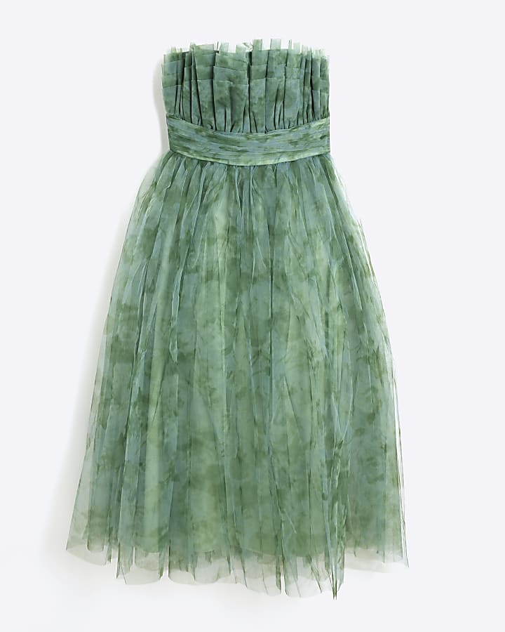 Green Tulle Floral Midi Dress