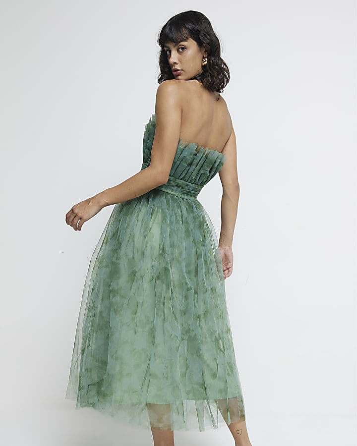 Green Tulle Floral Midi Dress