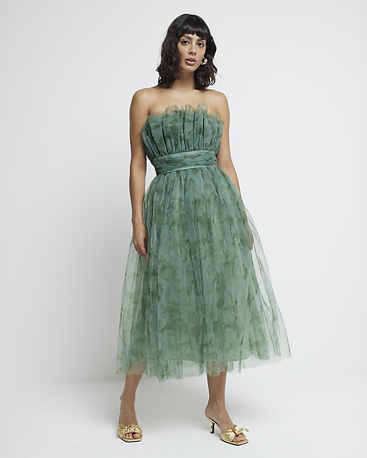 Green Tulle Floral Midi Dress