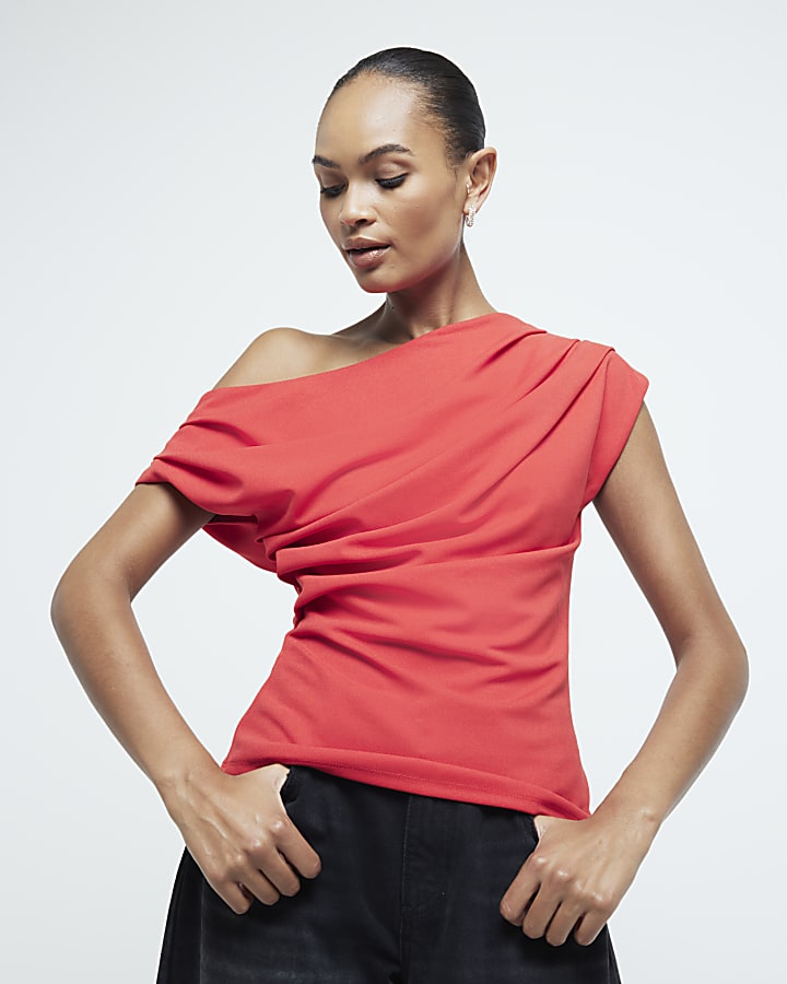 Red Asymmetric Drape Top