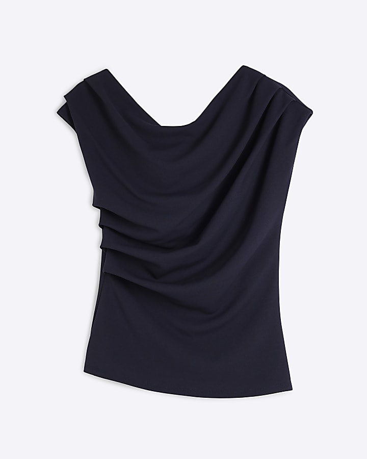 Navy Asymmetric Drape Top