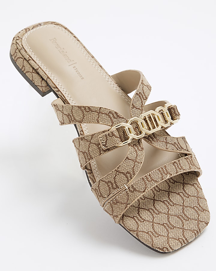 Beige Monogram Flat Mule Sandals