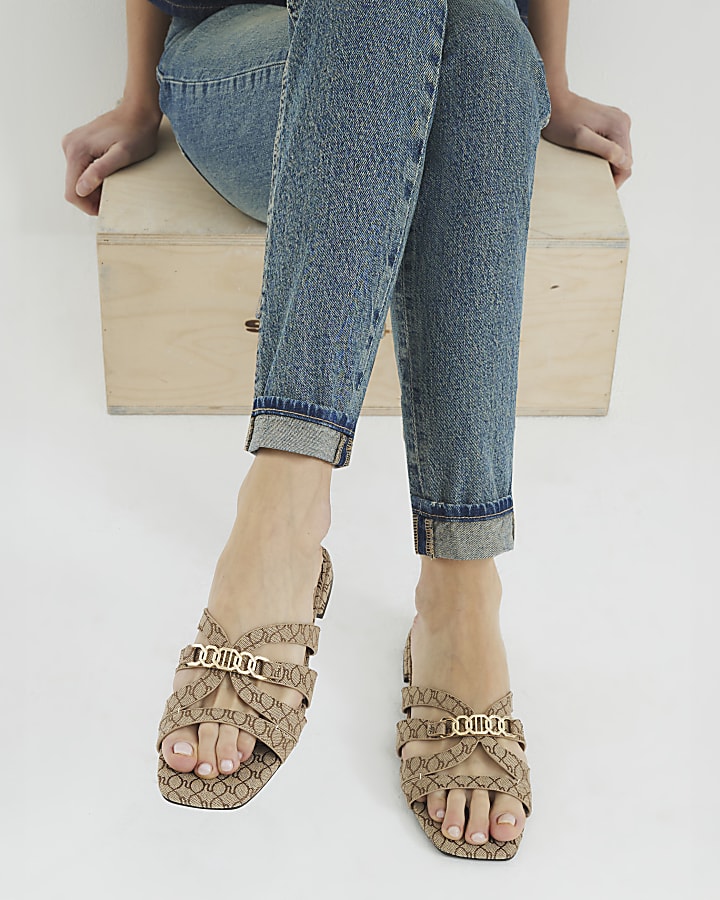 Beige Monogram Flat Mule Sandals