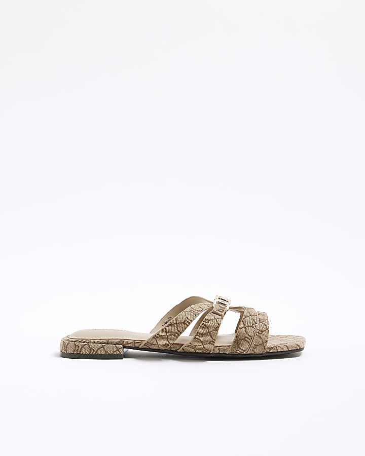 Beige Monogram Flat Mule Sandals