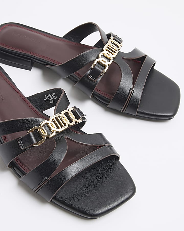 Black Strappy Flat Mule Sandals