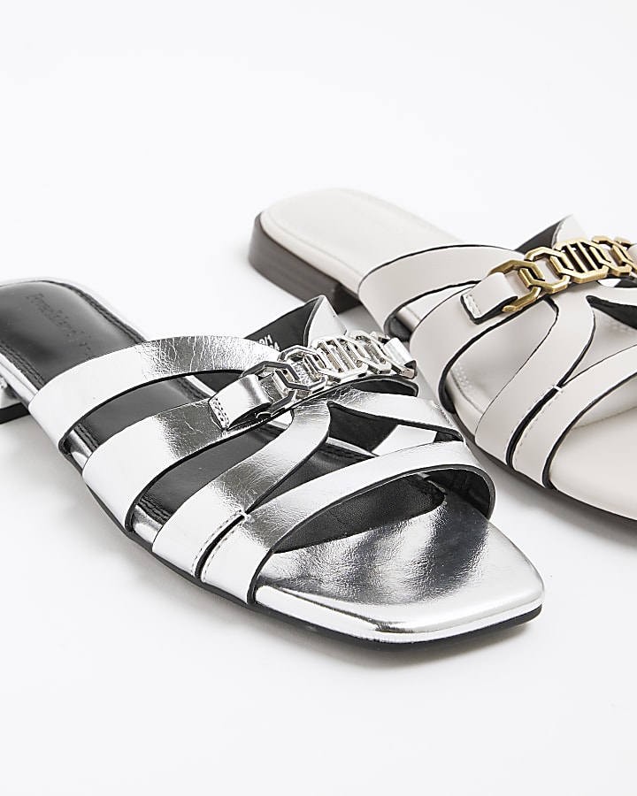 Silver Faux Leather Strappy Mule Sandals