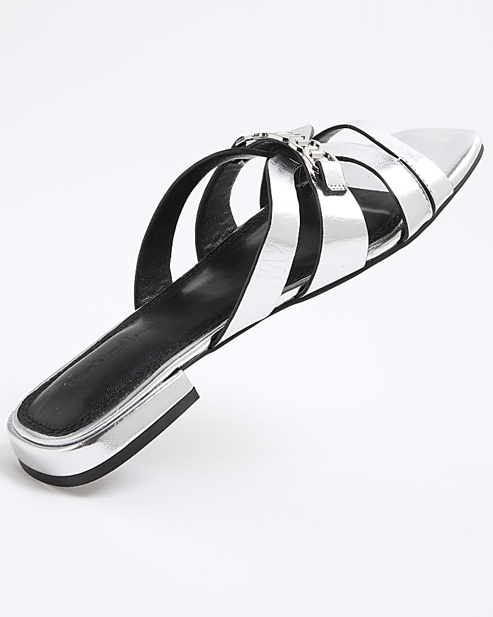 Silver Faux Leather Strappy Mule Sandals